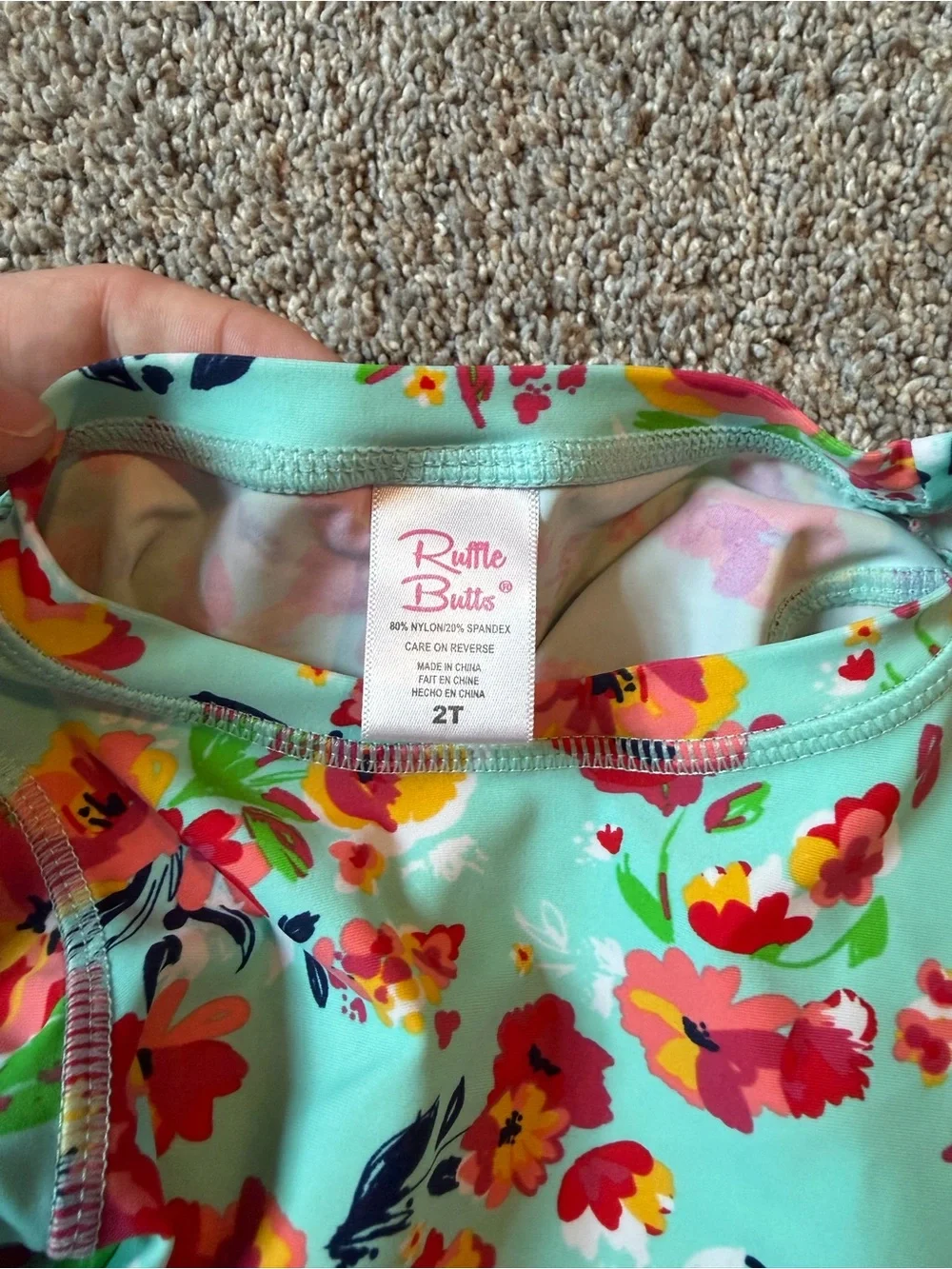 Ruffle Butts Mint Floral Long Sleeve Rashguard with Navy Stripe Skirted Bottoms